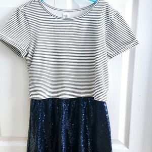 ⭐ 2 FOR $20 Gap Kid Girl US L  Striped Sequin Navy Dress Paety Preppy